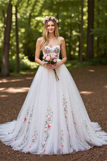 Floral Ivory A Line Wedding Dress with Appliques